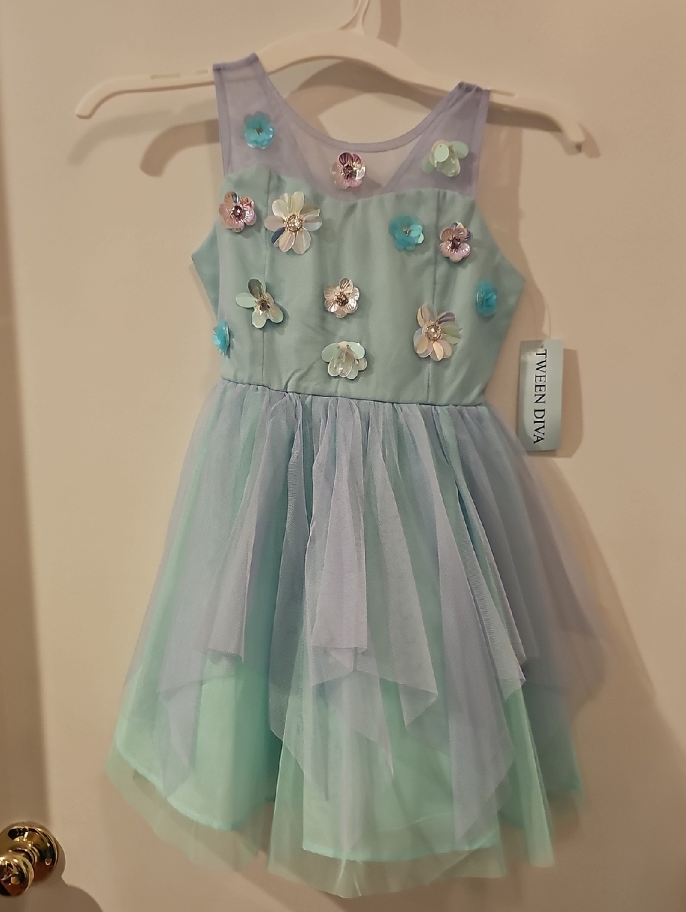 Tween Diva Mint & Lavender Flower Appliqué Tulle Dress Girls Sz 7